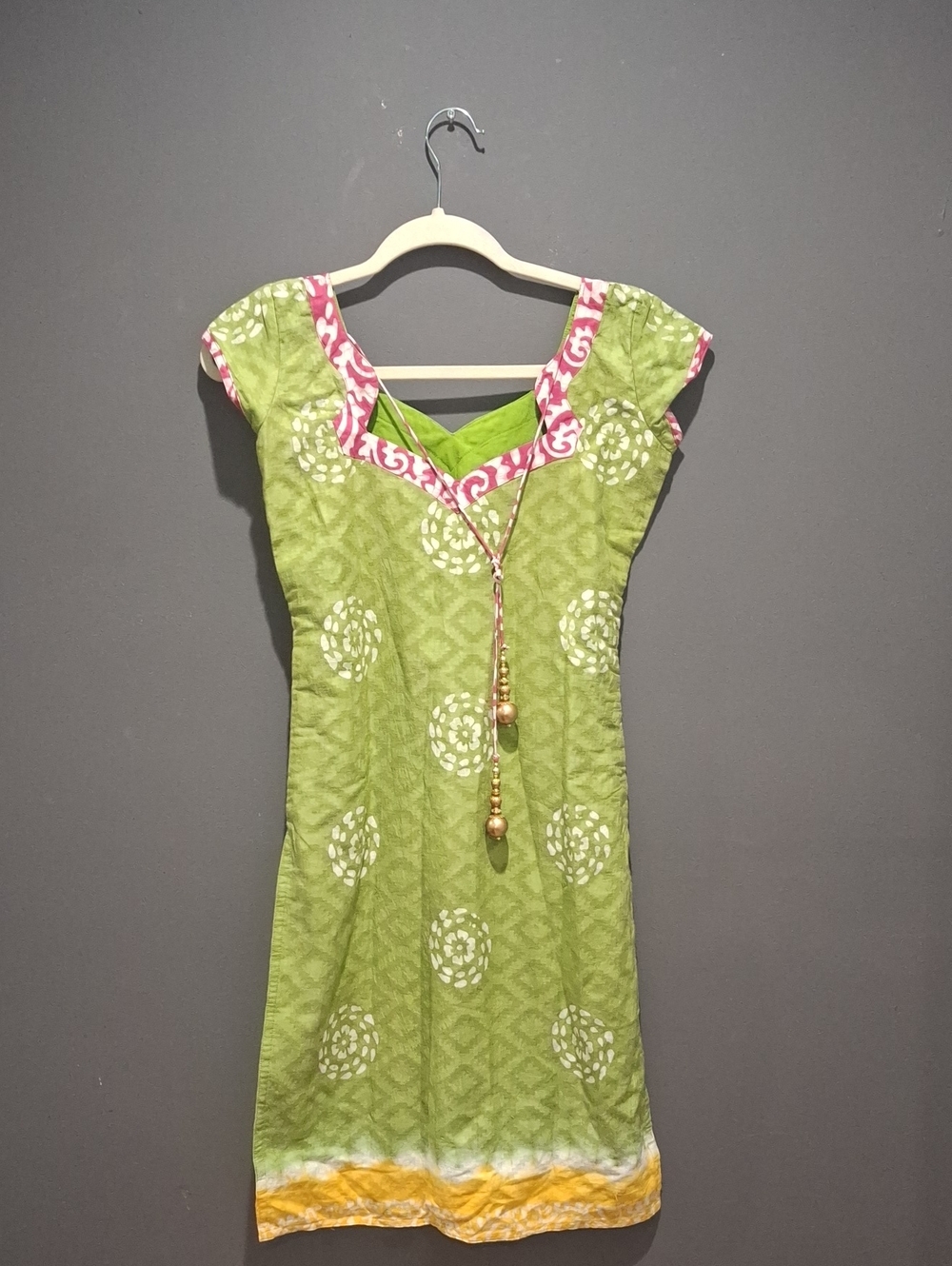 Green Printed Cap-Sleeve Tunic Dress with Pink Trim